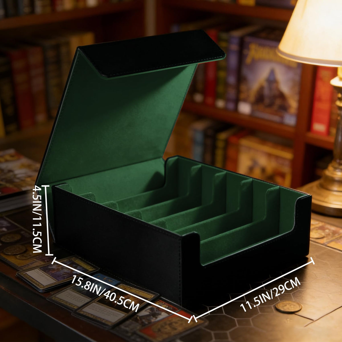 Scimi five-row deck case open shows expanded storage for sleeved and sleeveless cards.