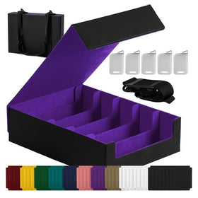 Scimi magnetic leather card box front view in black-purple for organized storage.