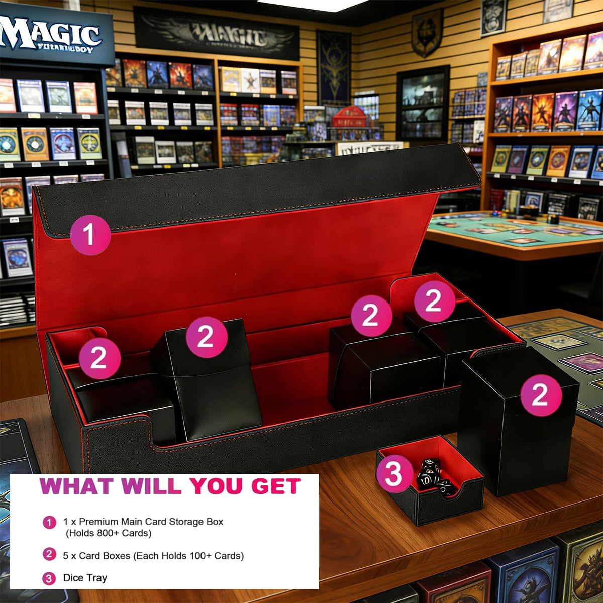 Five detachable deck boxes by Scimi keep decks neatly organized for easy swaps.
