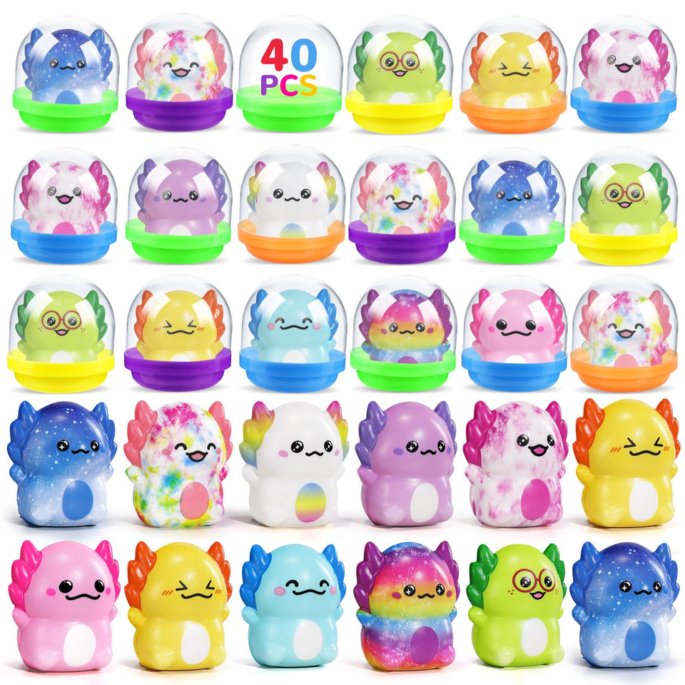 SCIONE axolotl squishies in capsules for mess-free gifting and party favors.