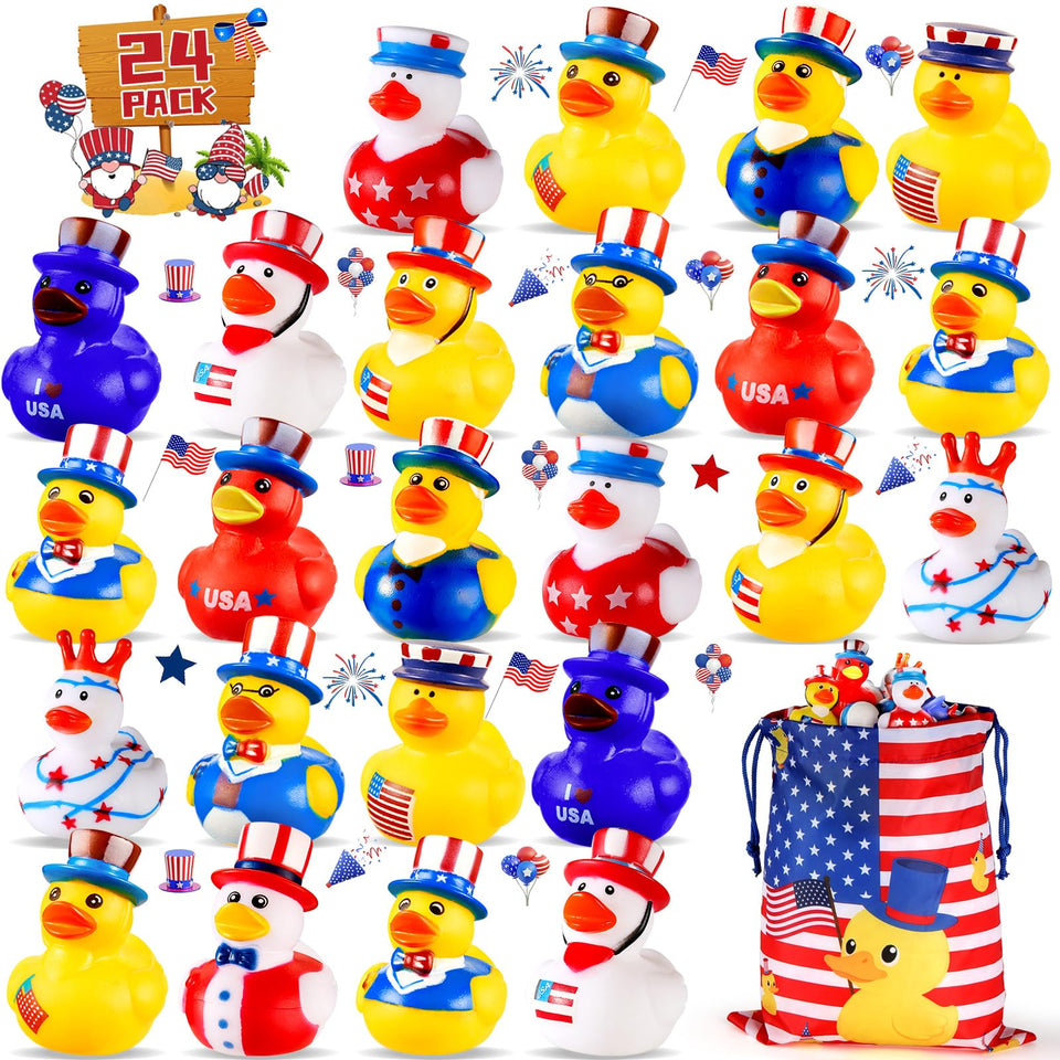 SCIONE patriotic rubber ducks 24-pack for festive decor and party favors.