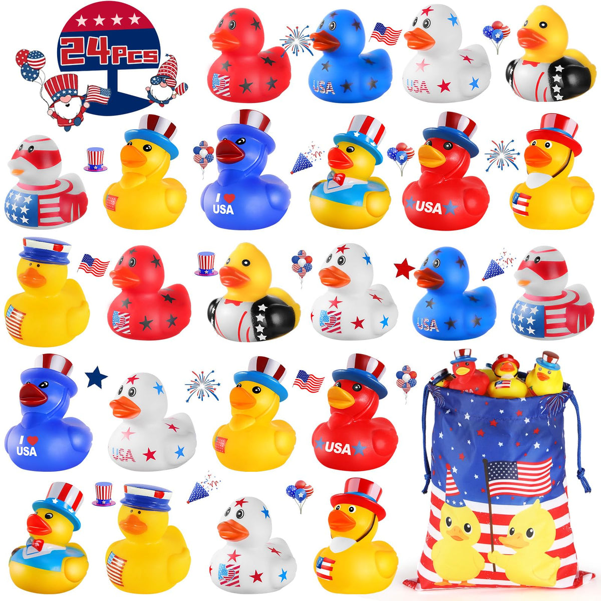 SCIONE patriotic rubber ducks in flag colors for Independence Day decor and bath play