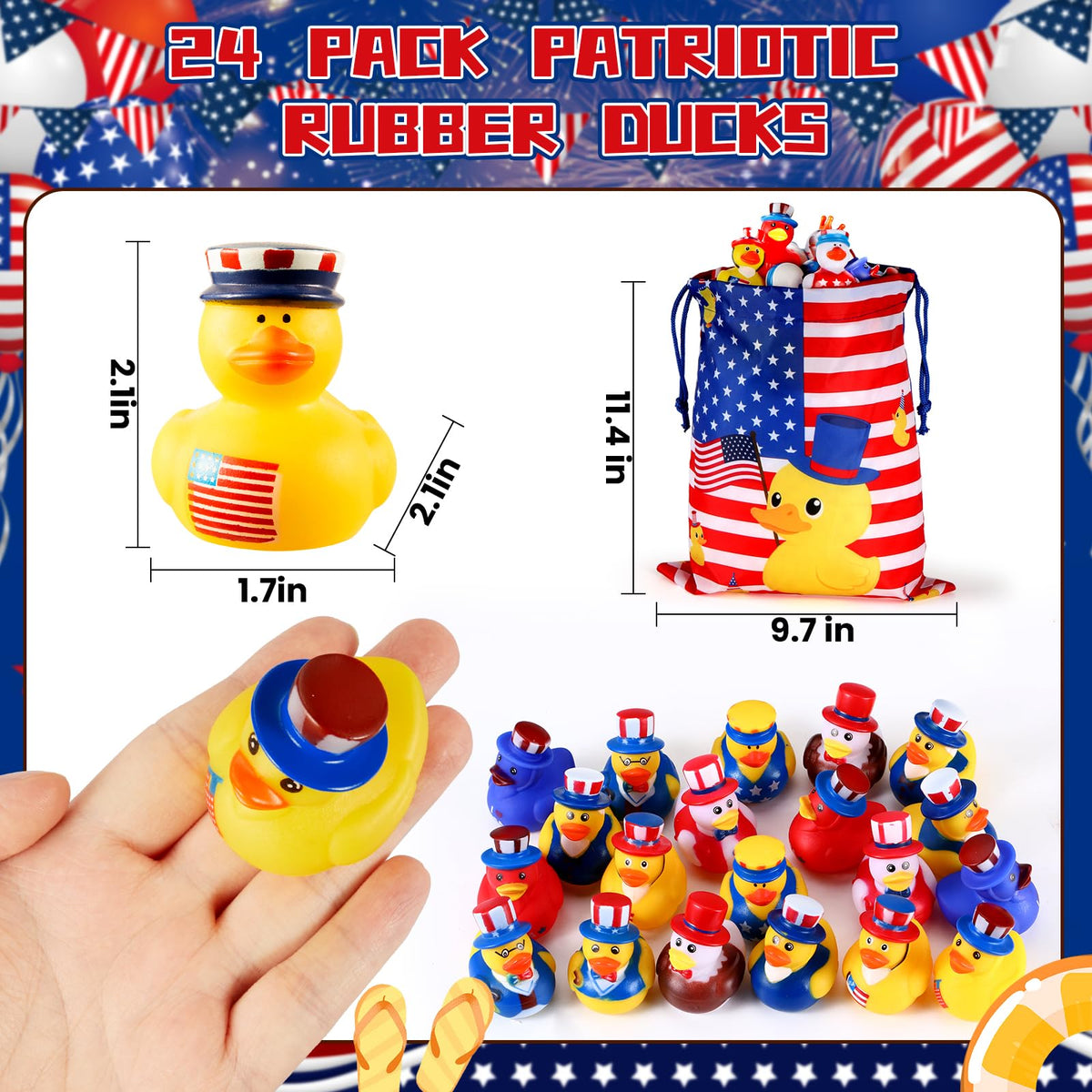 SCIONE stars-and-stripes ducks as bath time fun toys.