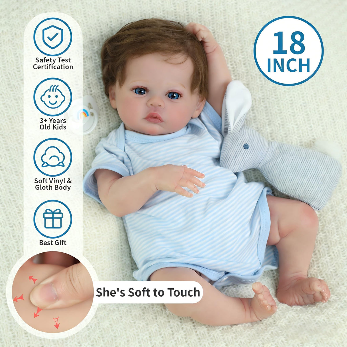 SCOM 18-inch doll size fits easily in a child’s arms for everyday moments