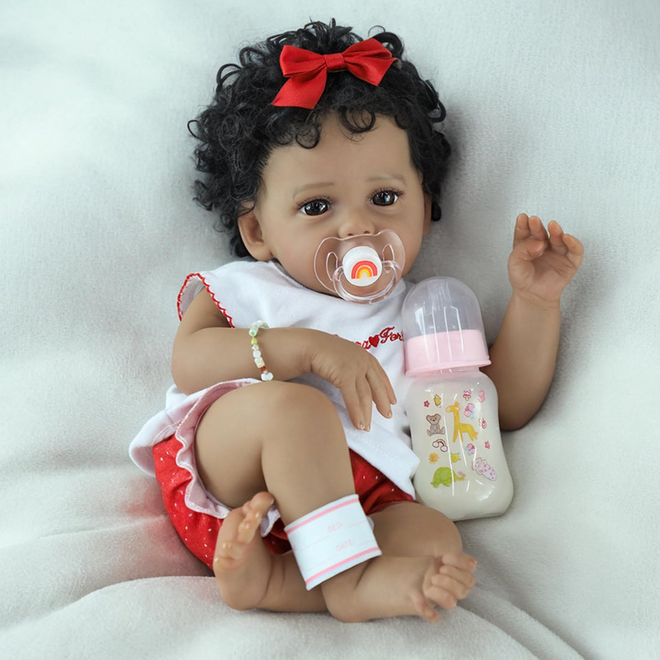 SCOM Reborn black 18-inch doll face close-up showing lifelike features for imaginative play.