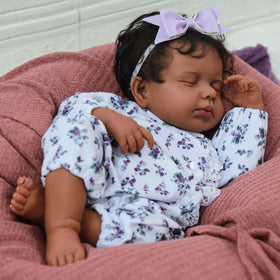SCOM Reborn doll black girl 20-inch purple lace outfit offers soft, stylish attire for dress-up.