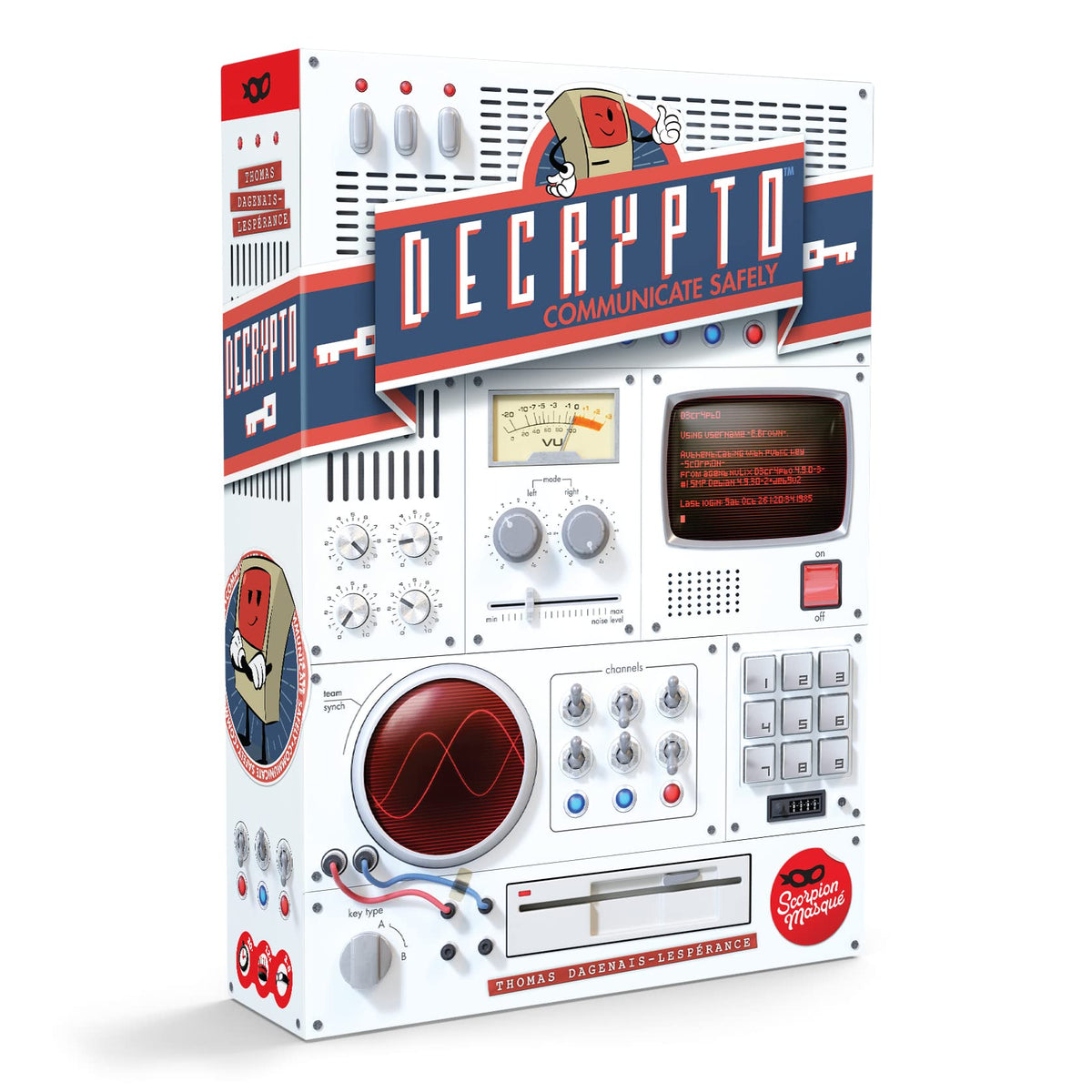 Scorpion Masqué Decrypto box cover, compact party game for quick rounds.