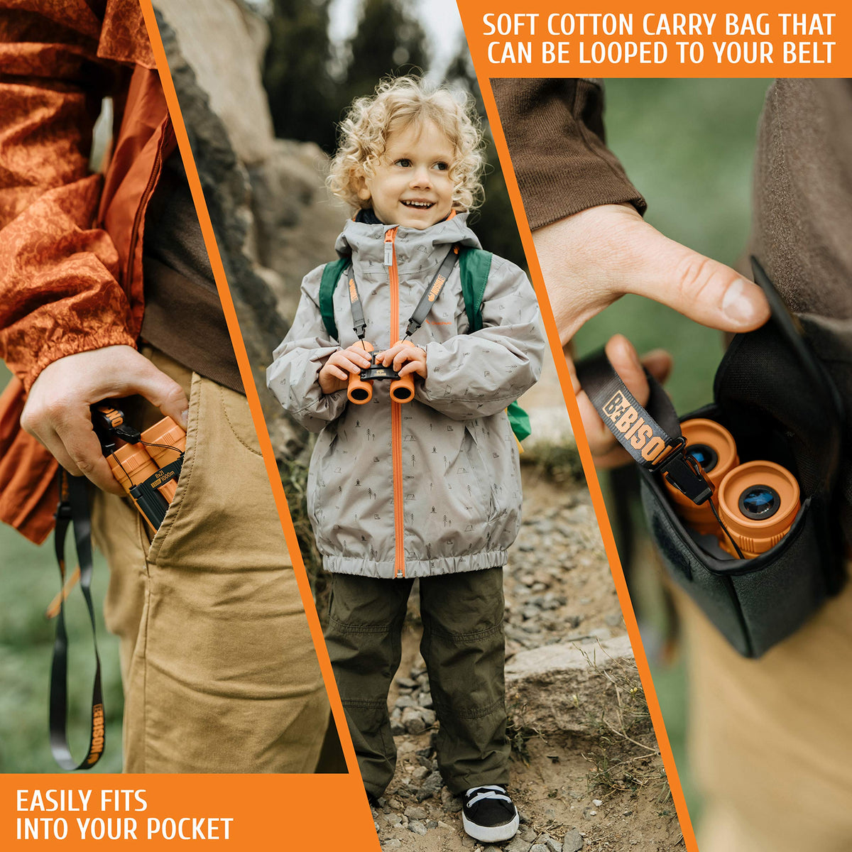 Scotar BeBison kids binoculars ultra-compact size for backpack travel.