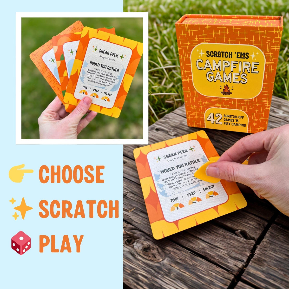 Scratch 'Ems Campfire Games artwork on cards sparks nostalgic camper vibes