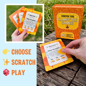 Scratch 'Ems Campfire Games artwork on cards sparks nostalgic camper vibes