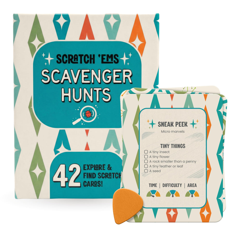 Scratch 'Ems packaging bundle featuring all-season scavenger hunts for families.