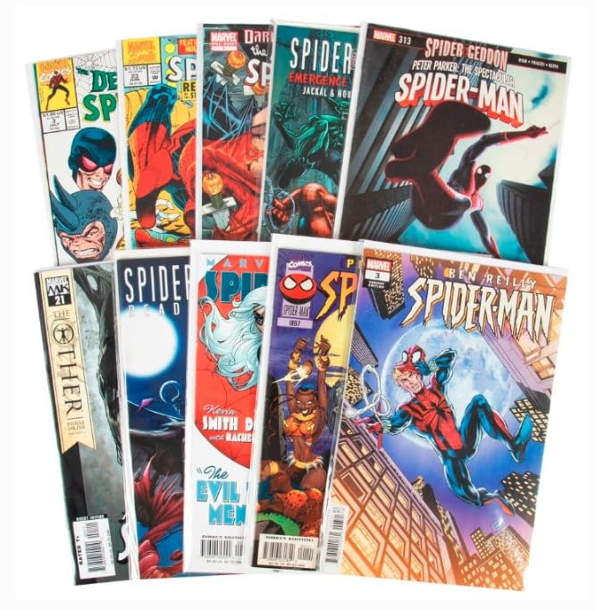 SCS Direct Spider-Man collection display with ten issues, perfect for new readers and fans.
