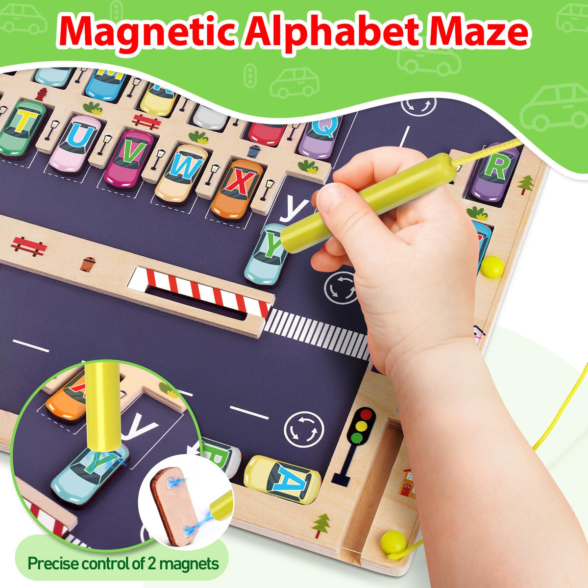 Scuwtocn magnetic pen securely guides letters during play.