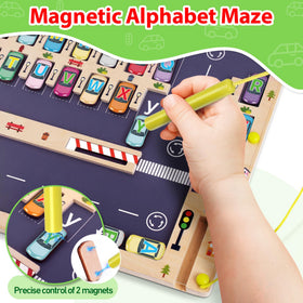 Scuwtocn magnetic pen securely guides letters during play.