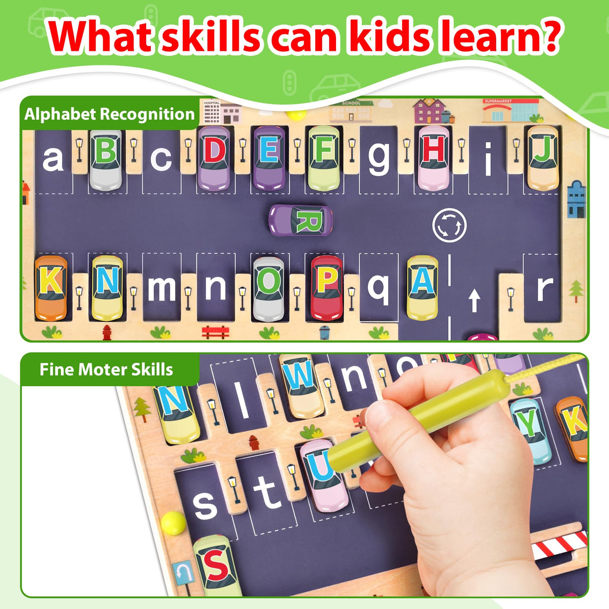 Scuwtocn Montessori-style letter blocks boost fine motor and color recognition.