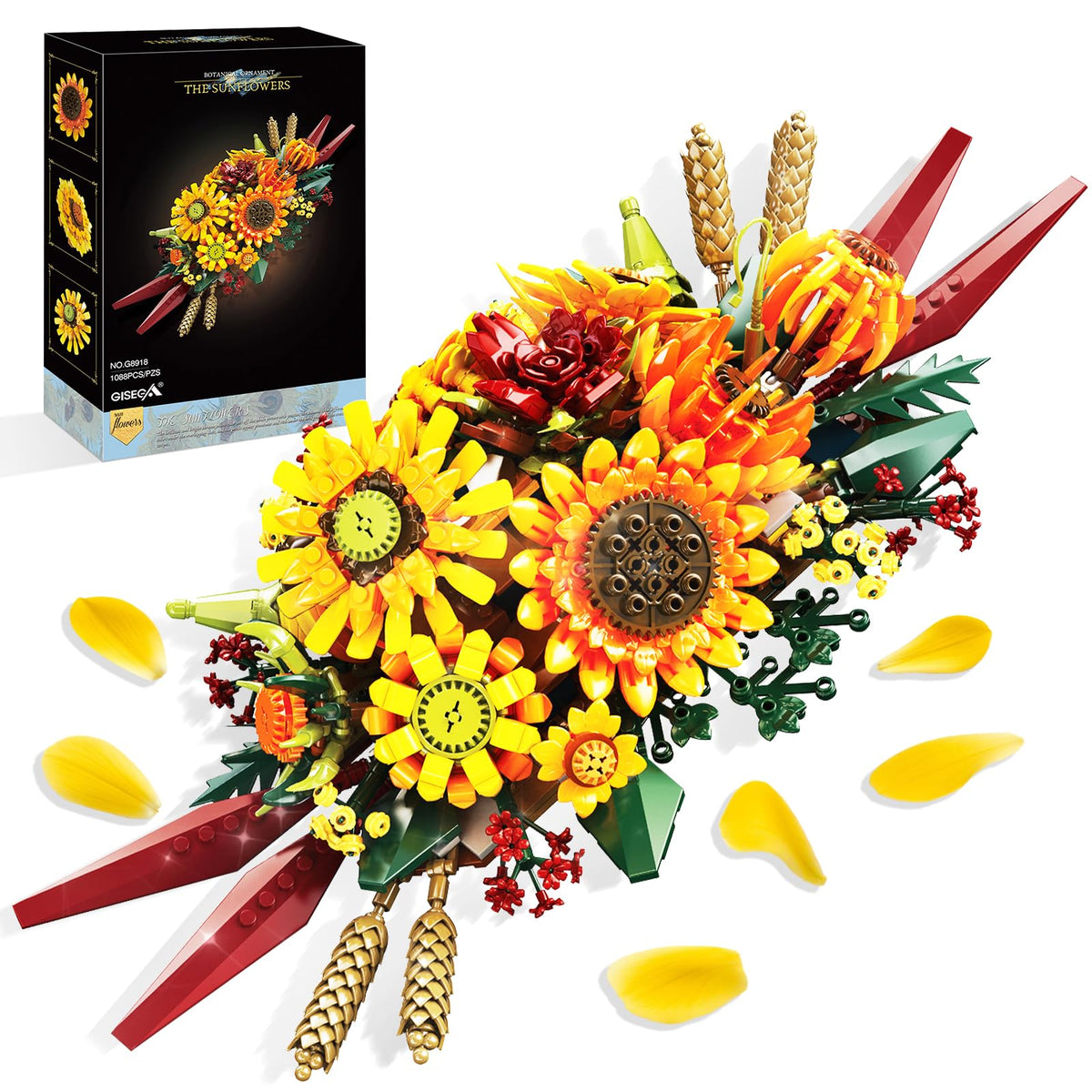 SDVWSF Sunflower Building Blocks Set centerpiece detail highlights vibrant petals for a chic, maintenance-free display