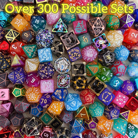 Sean's Choice polyhedral dice styles close-up reveal vibrant colors and finishes.