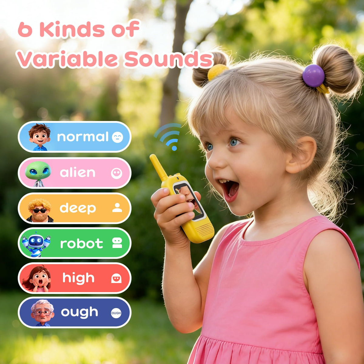 Seaonar pink-yellow walkie talkie shows long-range capability in outdoor spaces.