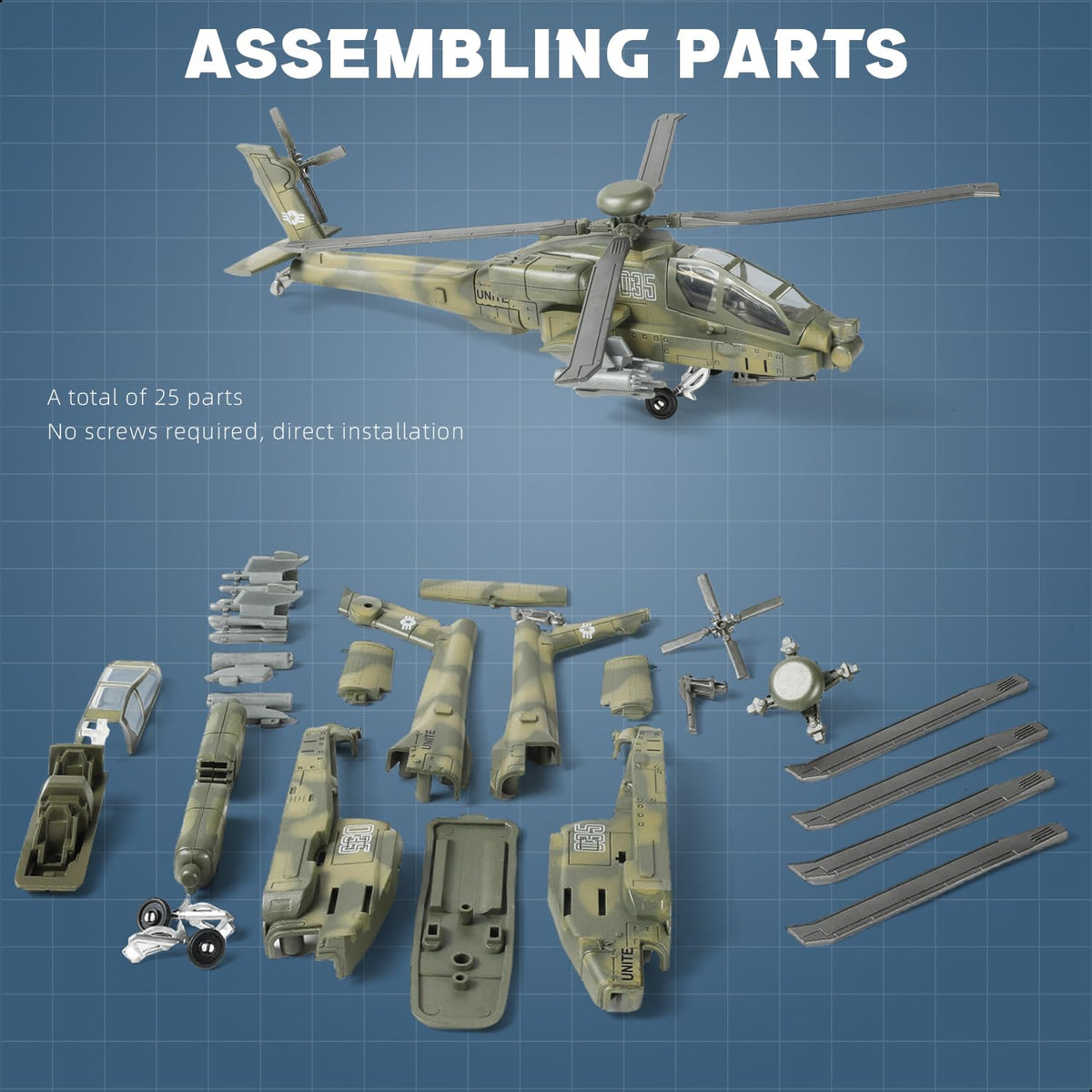 SEBUNAS AH-64 assembled display model ready for shelf.