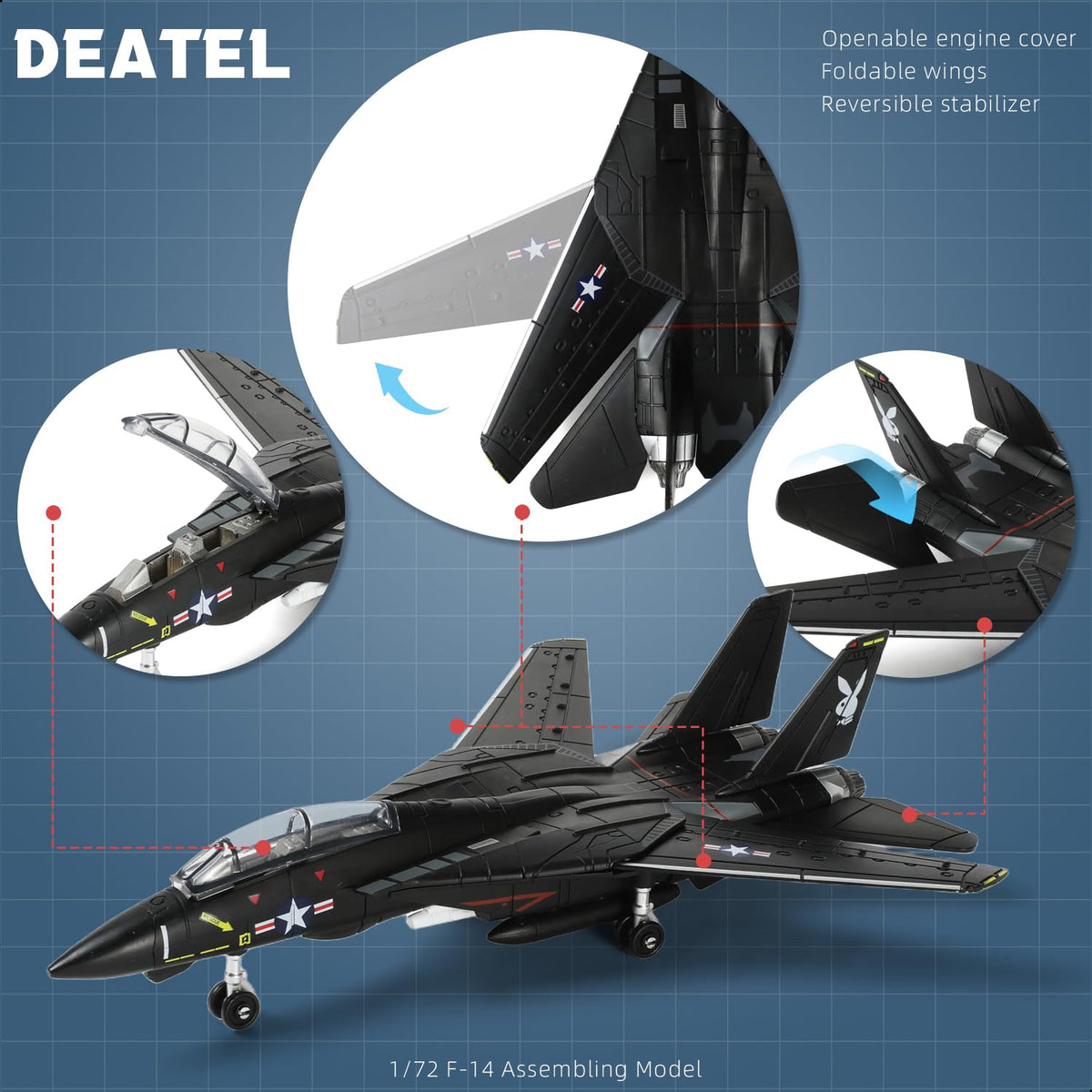 SEBUNAS F-14 Tomcat wheels move for lifelike stance.