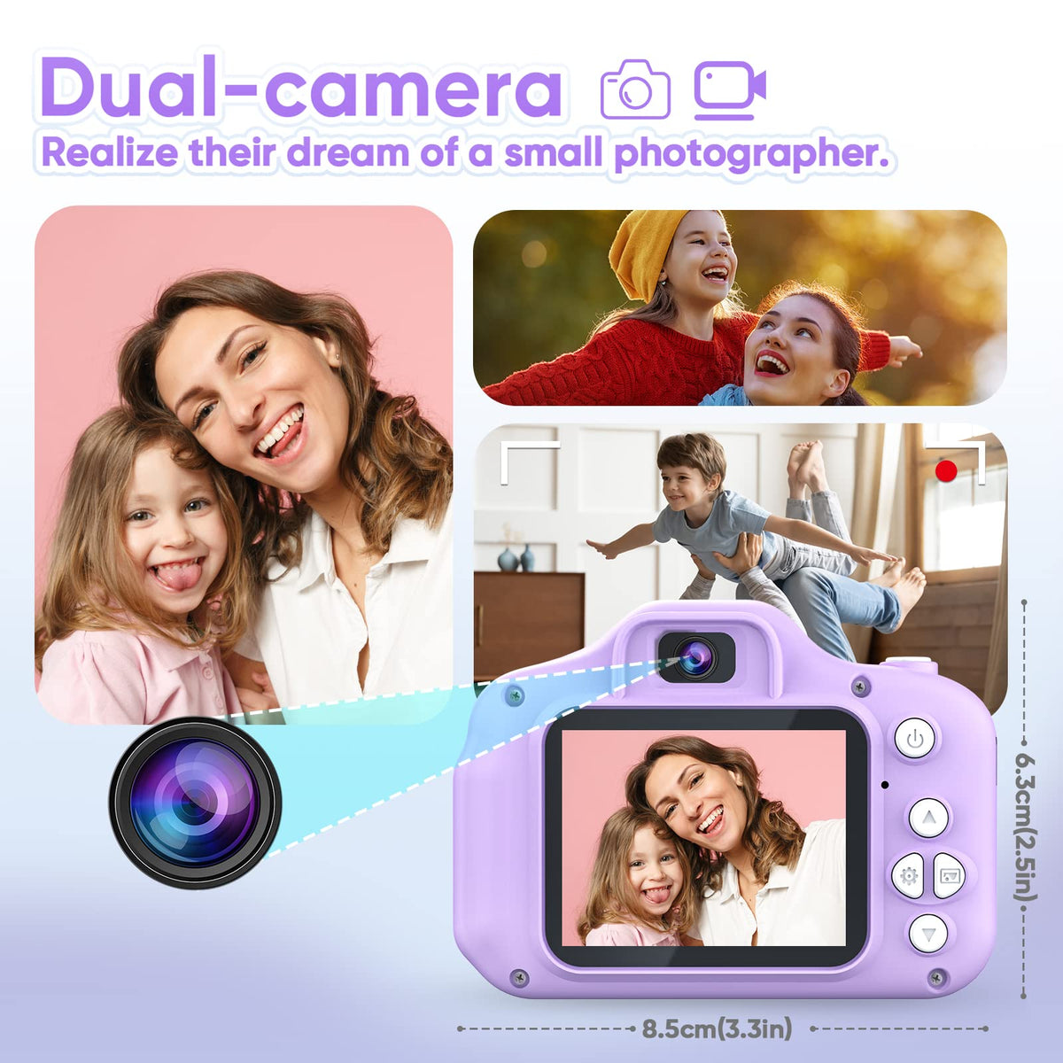 Seckton Upgrade Kids Selfie Camera display menu emphasizes intuitive use for young photographers.