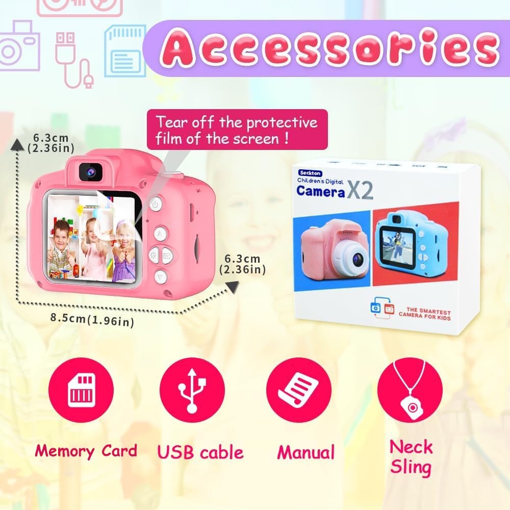 Seckton Upgrade Kids Selfie Camera SD card and USB included for instant storage.