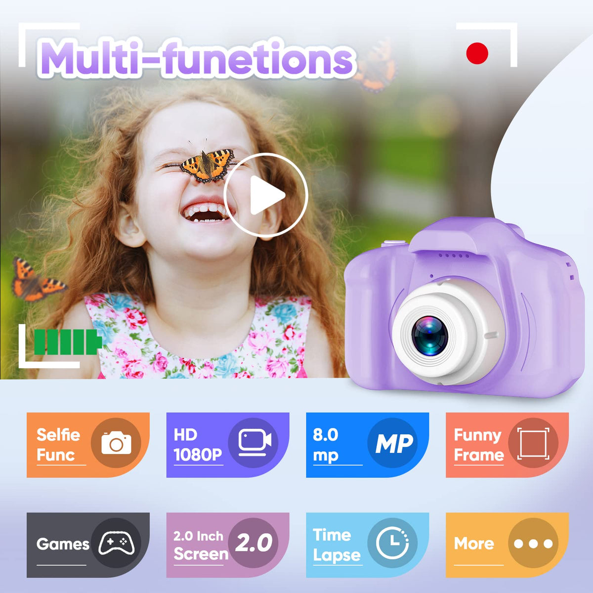 Seckton Upgrade Kids Selfie Camera side with lanyard demonstrates portable fun and easy carry.
