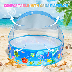 Sedity baby beach tent collapses into a bag for easy travel.