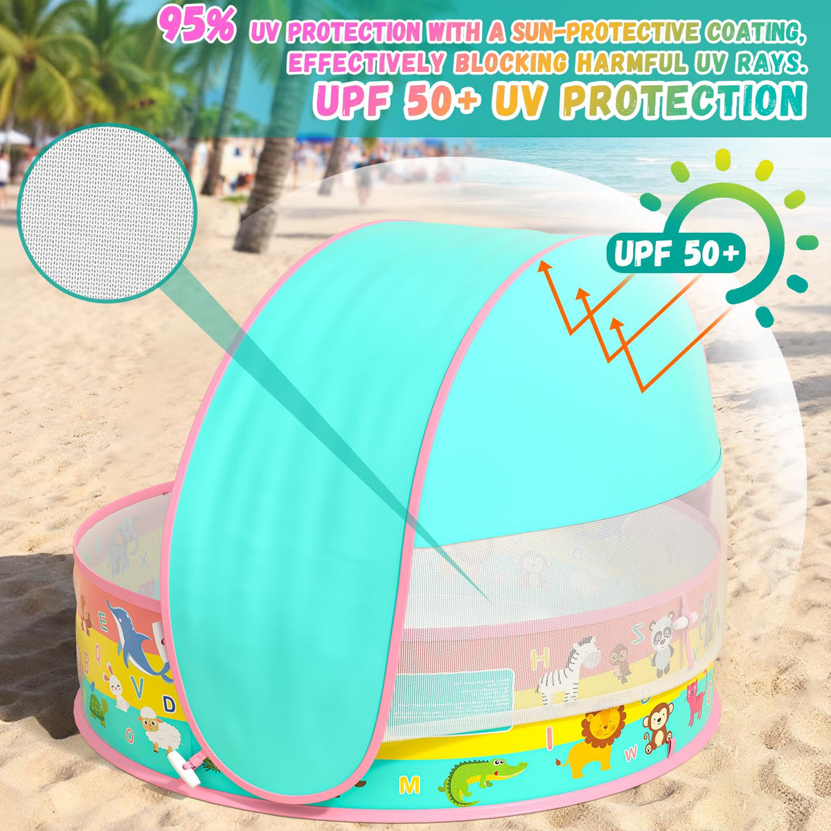 SEDITY Kiddle pool features UPF50+ sun shelter for sun protection during play.