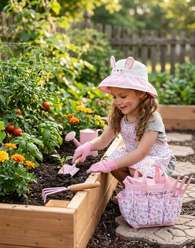Seedypop floral apron with adjustable fit keeps kids clean while gardening.