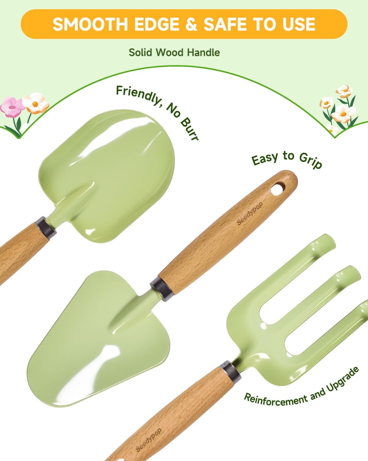Seedypop green-coated metal heads stay sharp and sturdy for digging and planting