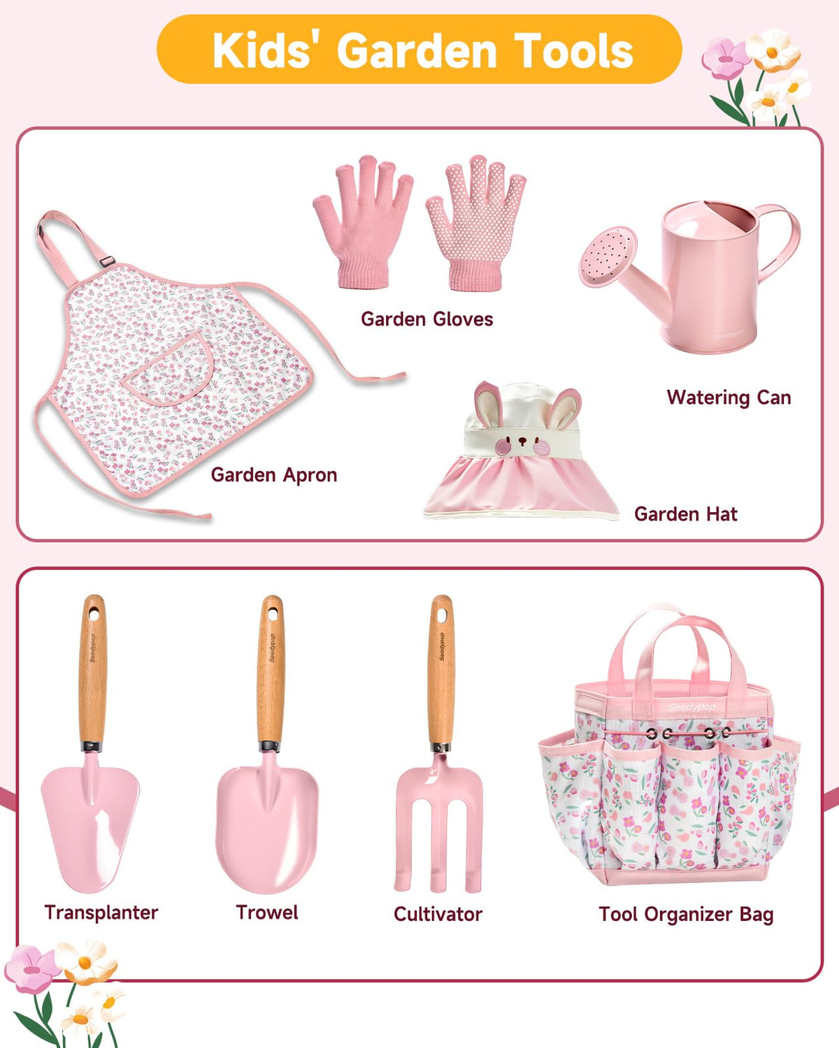 Seedypop gardening tools with wooden handles; smooth grip for small hands.