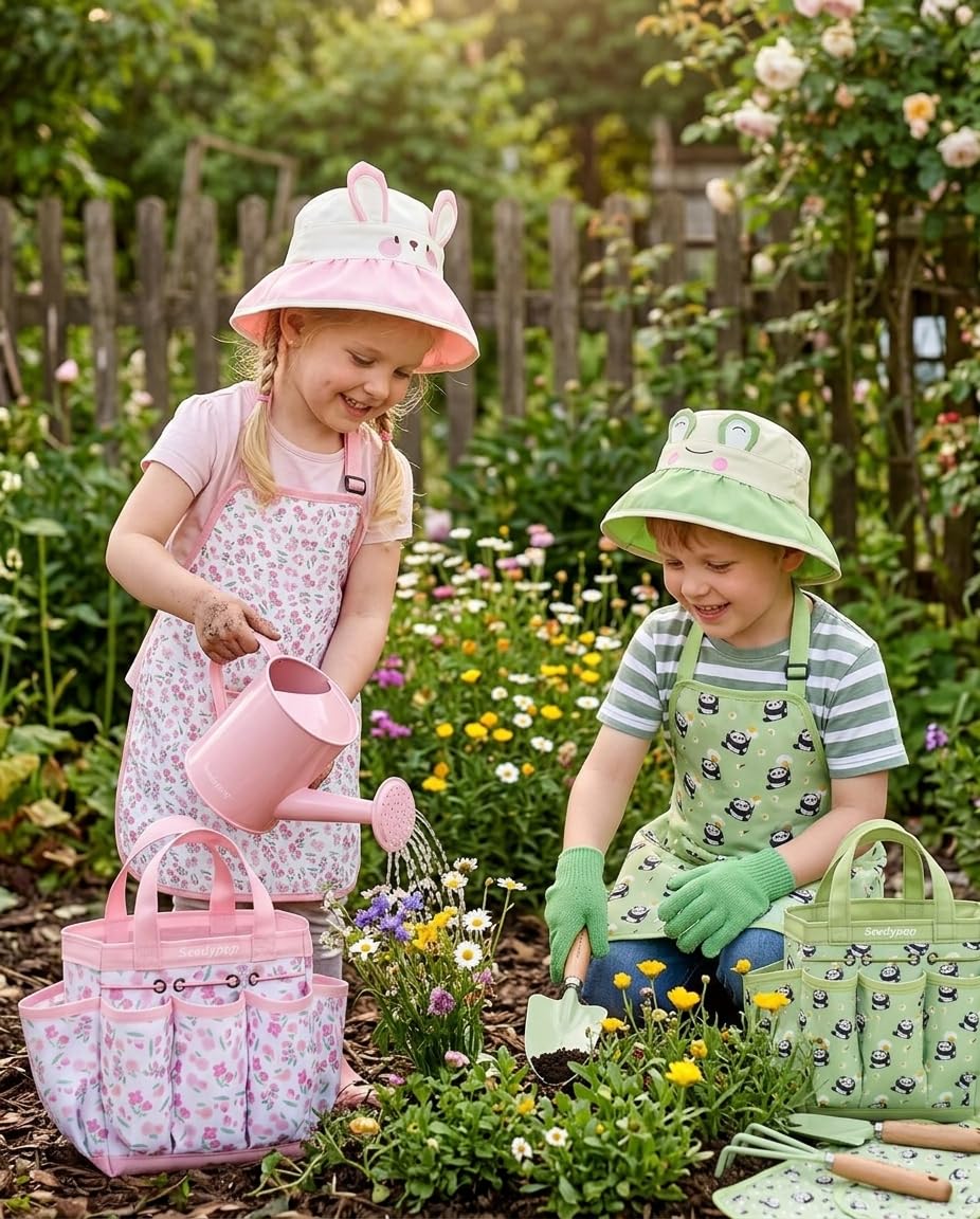 Seedypop panda apron keeps clothes clean while kids explore soil and seeds