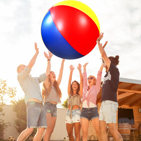 Bright rainbow Seematn beach ball doubles as a party prop.