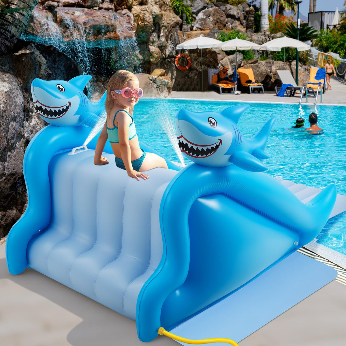 Seenelling 98-inch giant inflatable shark pool slide with reinforced PVC for stability during play