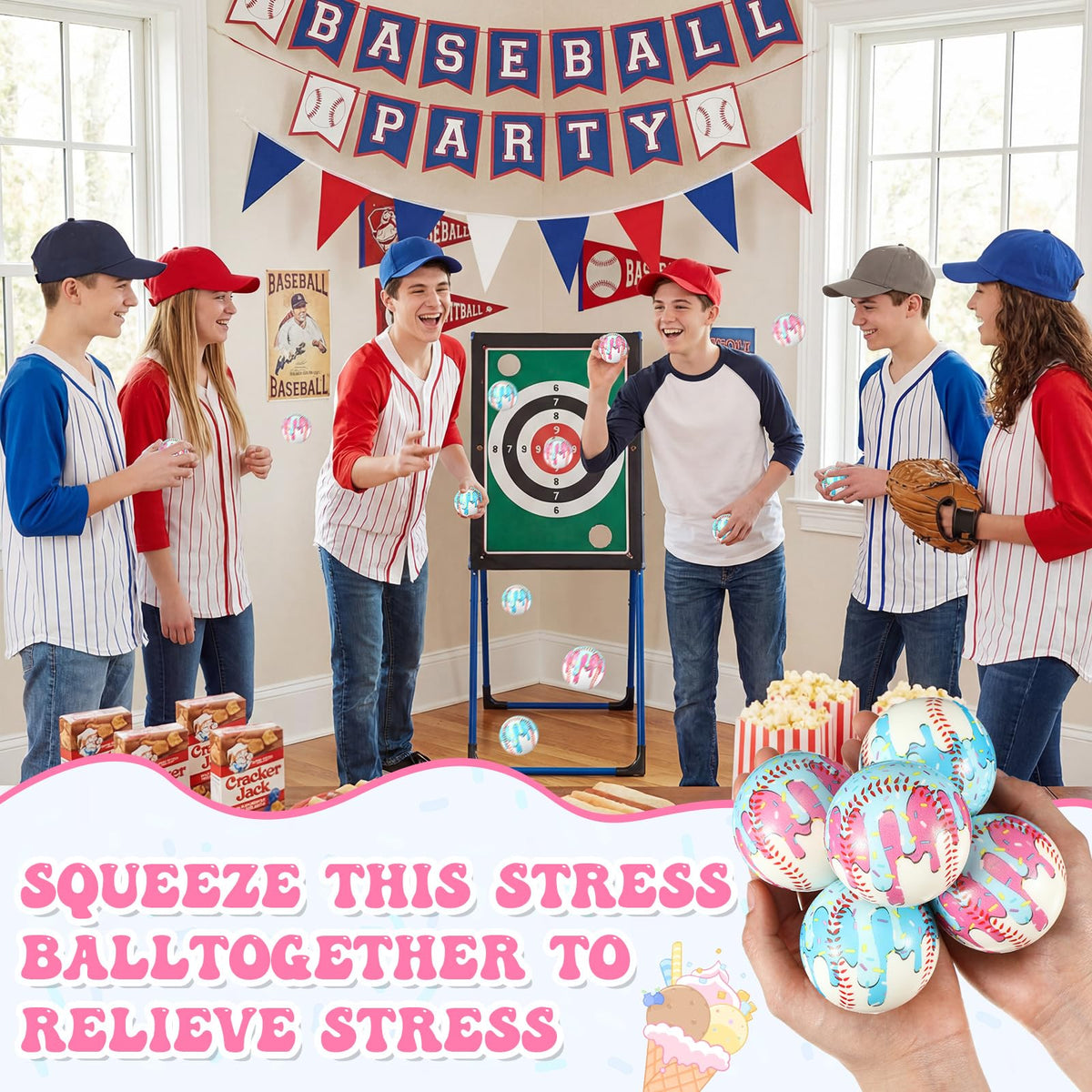 Seenelling baseball-themed ice cream ball decor adds color and tactile engagement to parties