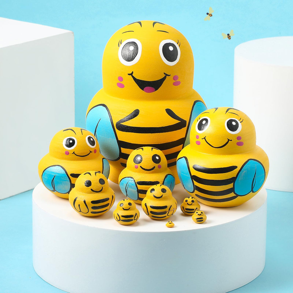 Seenelling bee nesting dolls bee-pattern detail highlights craftsmanship and color.