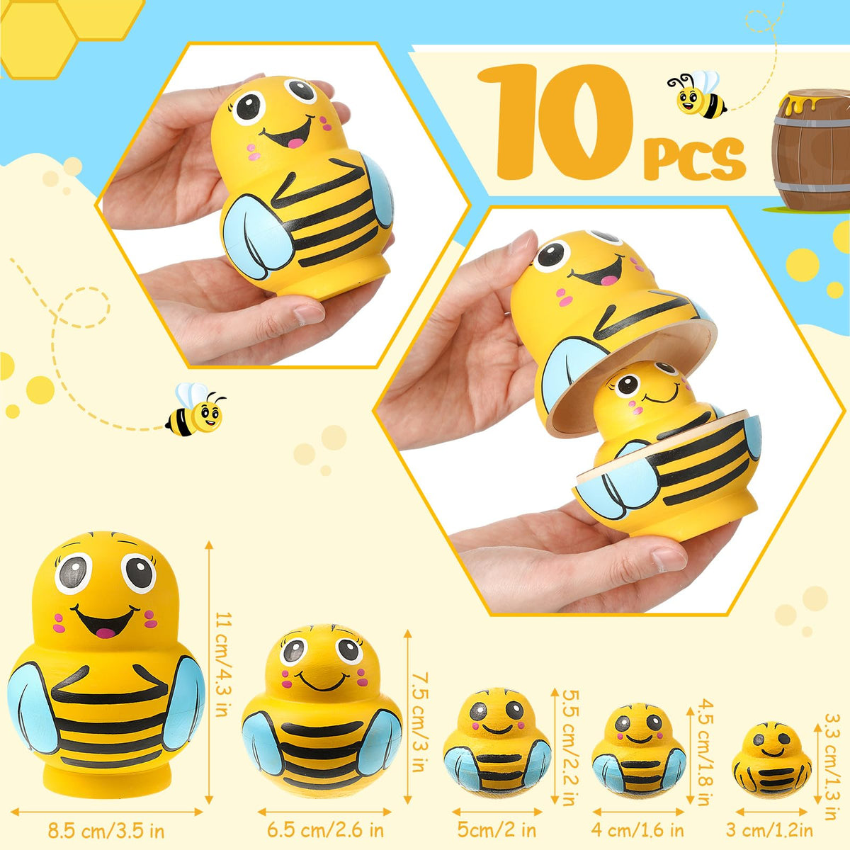 Seenelling bee nesting dolls interior doll open reveals continued layers for exploration.