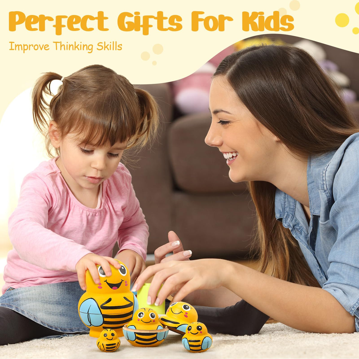 Seenelling bee nesting dolls on display, perfect table decor and conversation piece.