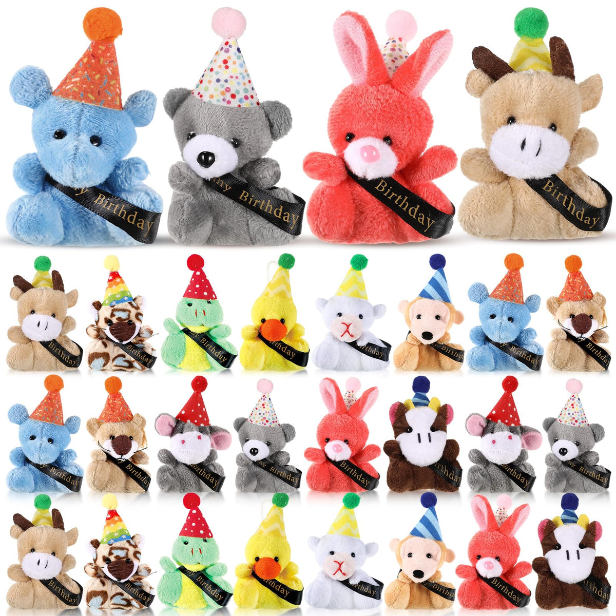 Seenelling Birthday Mini Plush with colorful hats displayed for party decor.