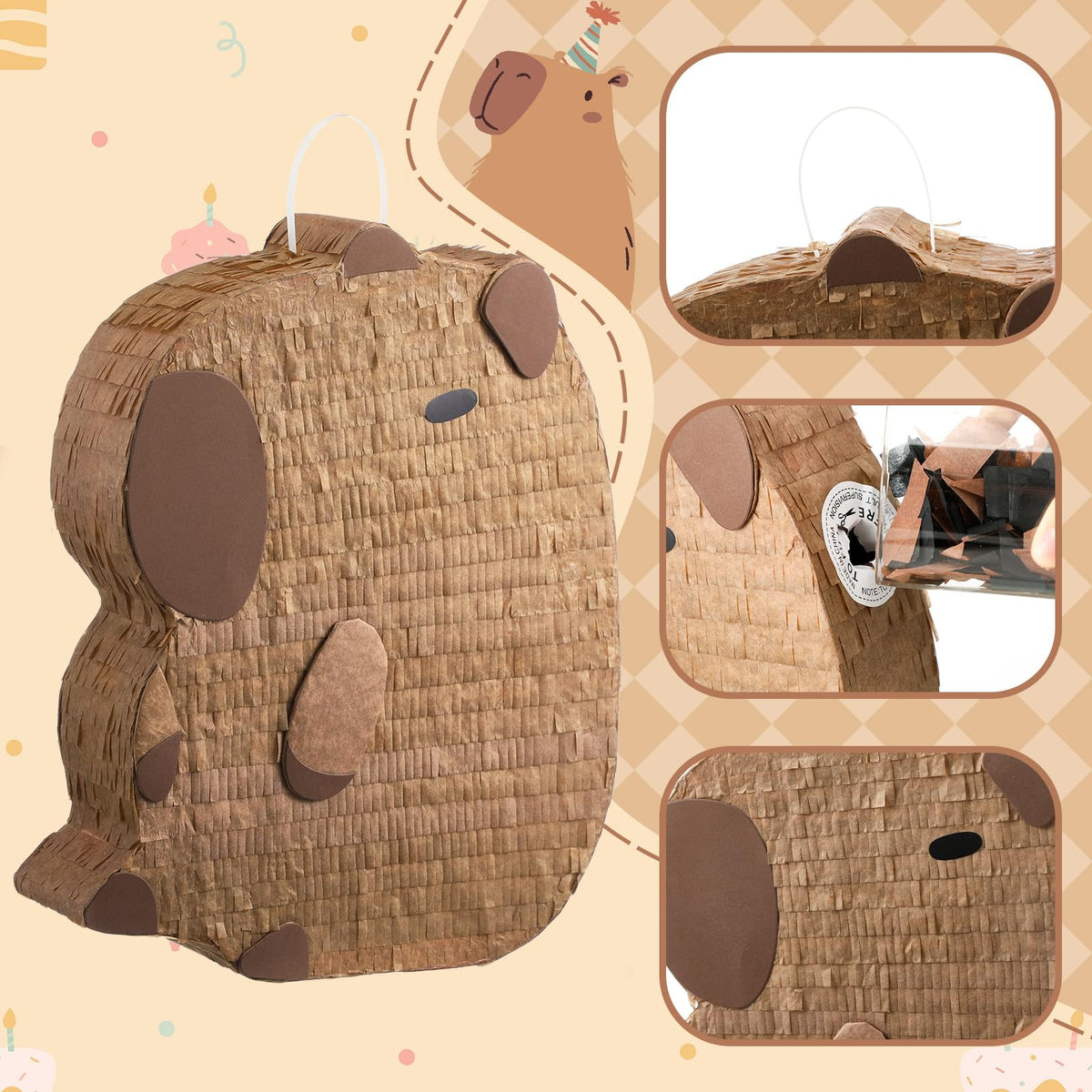 Seenelling Capybara Pinata hanging display ready for easy setup at events.