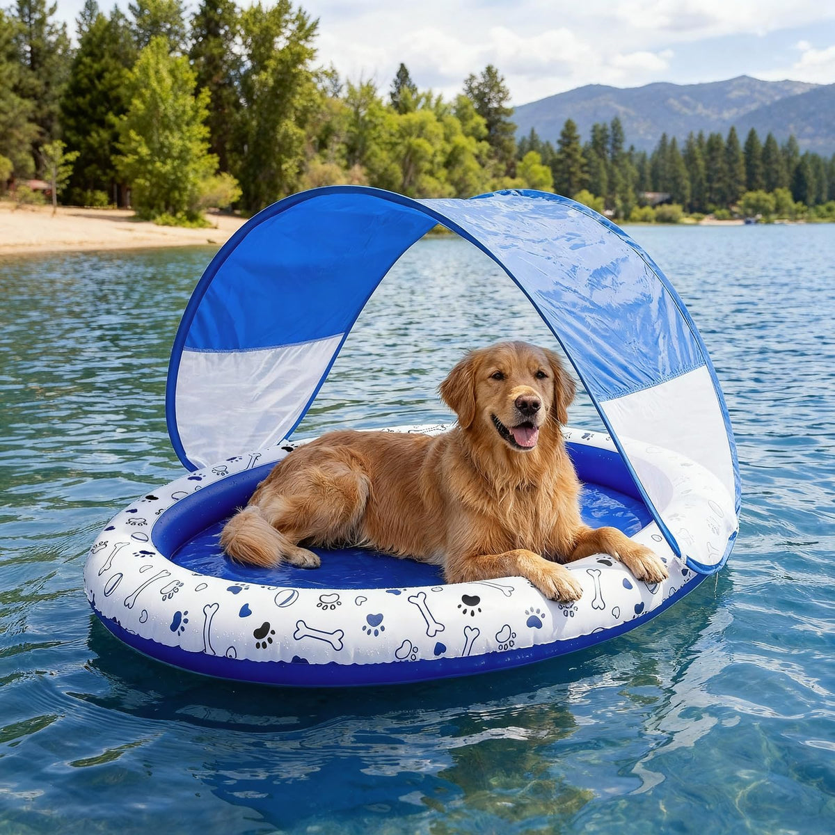 Seenelling dog pool float with canopy offering shaded lounging for dogs