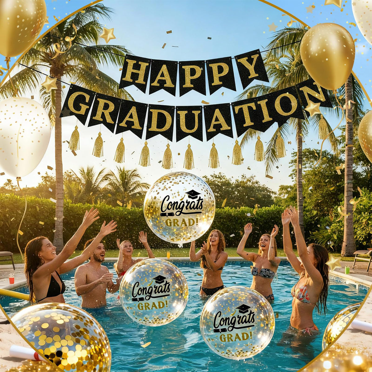 Seenelling easy-inflation grad ball ready for quick setup at celebrations.