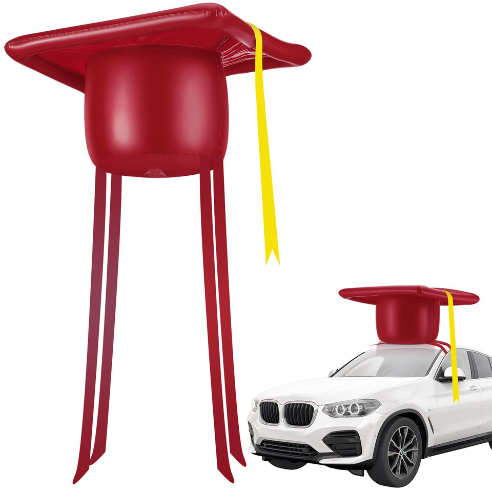 Seenelling giant red graduation cap car decor inflates for standout parade visuals.