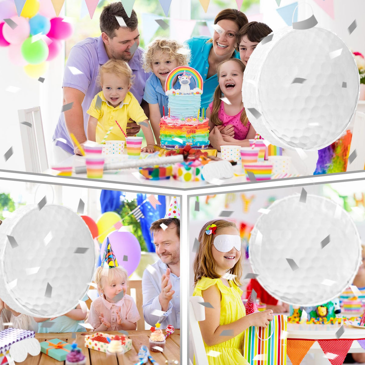 Seenelling golf ball piñata side with hole opening for stuffing treats.