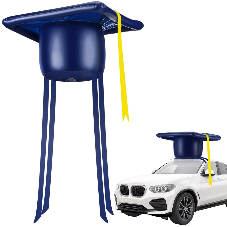 Seenelling graduation cap on a blue car roof enhancing parade visibility