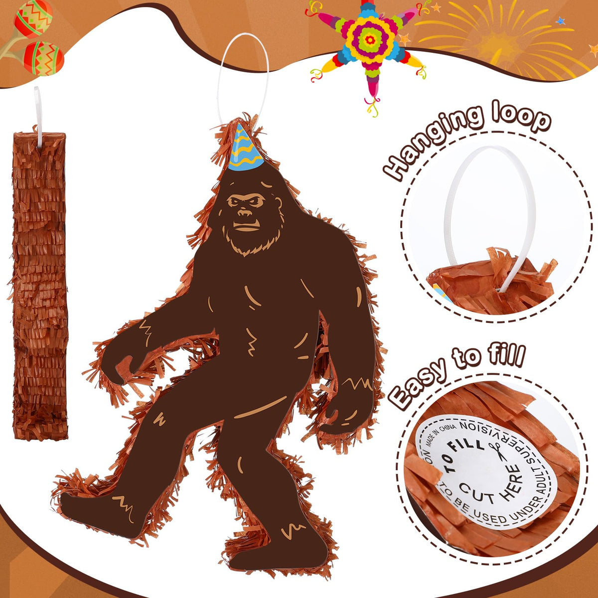 Seenelling Sasquatch Pinata with pre-made holes and hanging ring for easy setup