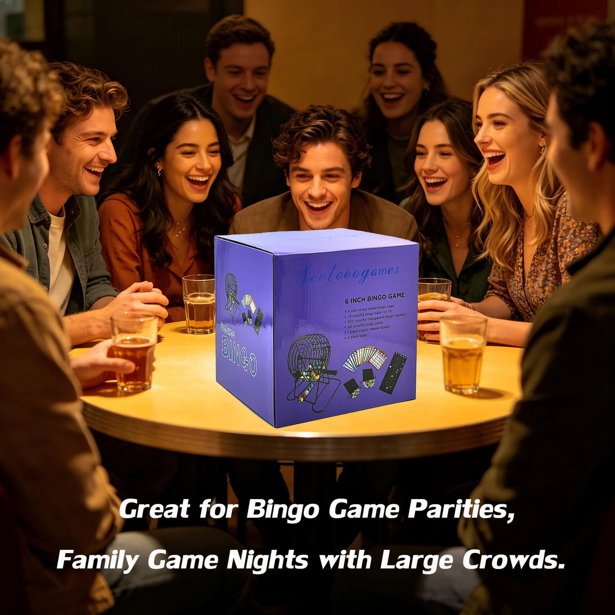SEETOOOGAMES setup scene shows a family night of fun.