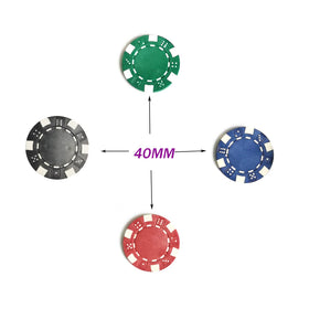 SEETOOOGAMES poker chips on table with dice stripes for authentic play.