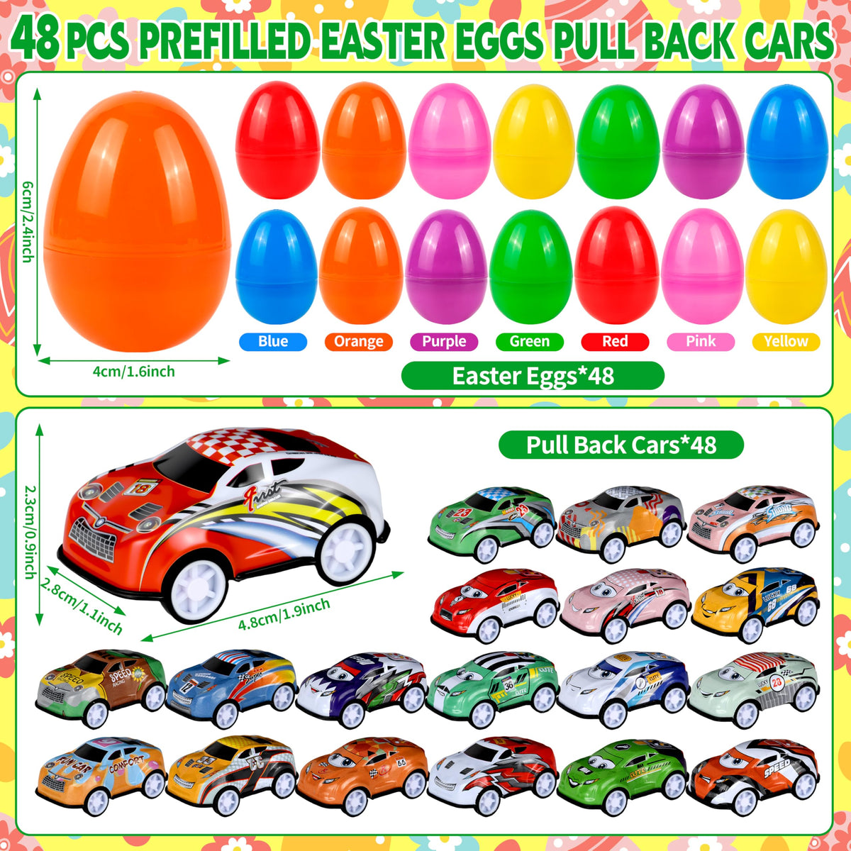 Seifar 48-pack featuring cartoon and race cars for variety